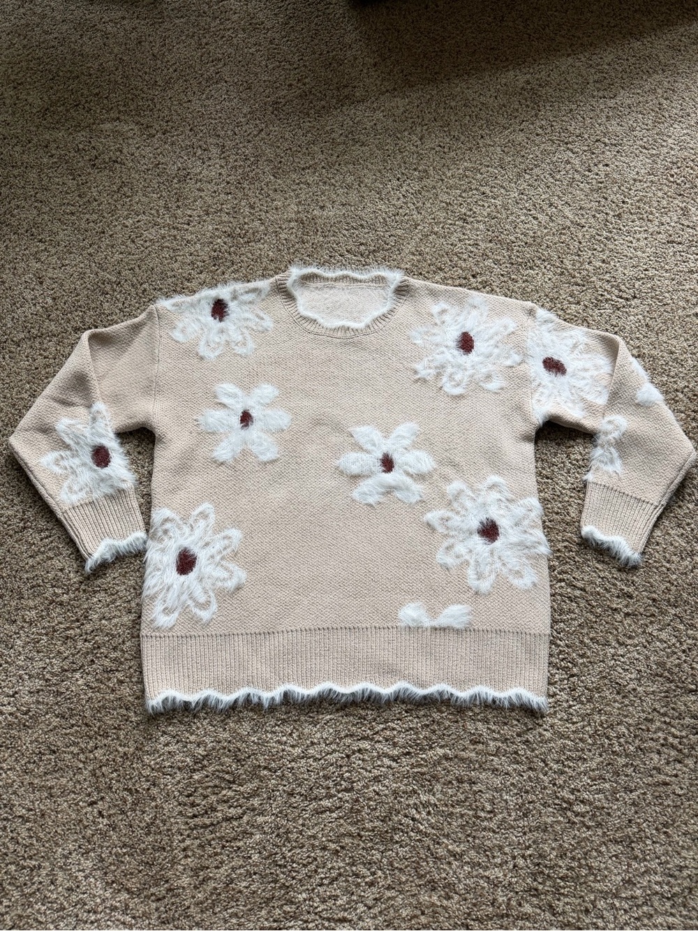 SHEIN Cream Floral Crewneck Sweater with Brown Centers